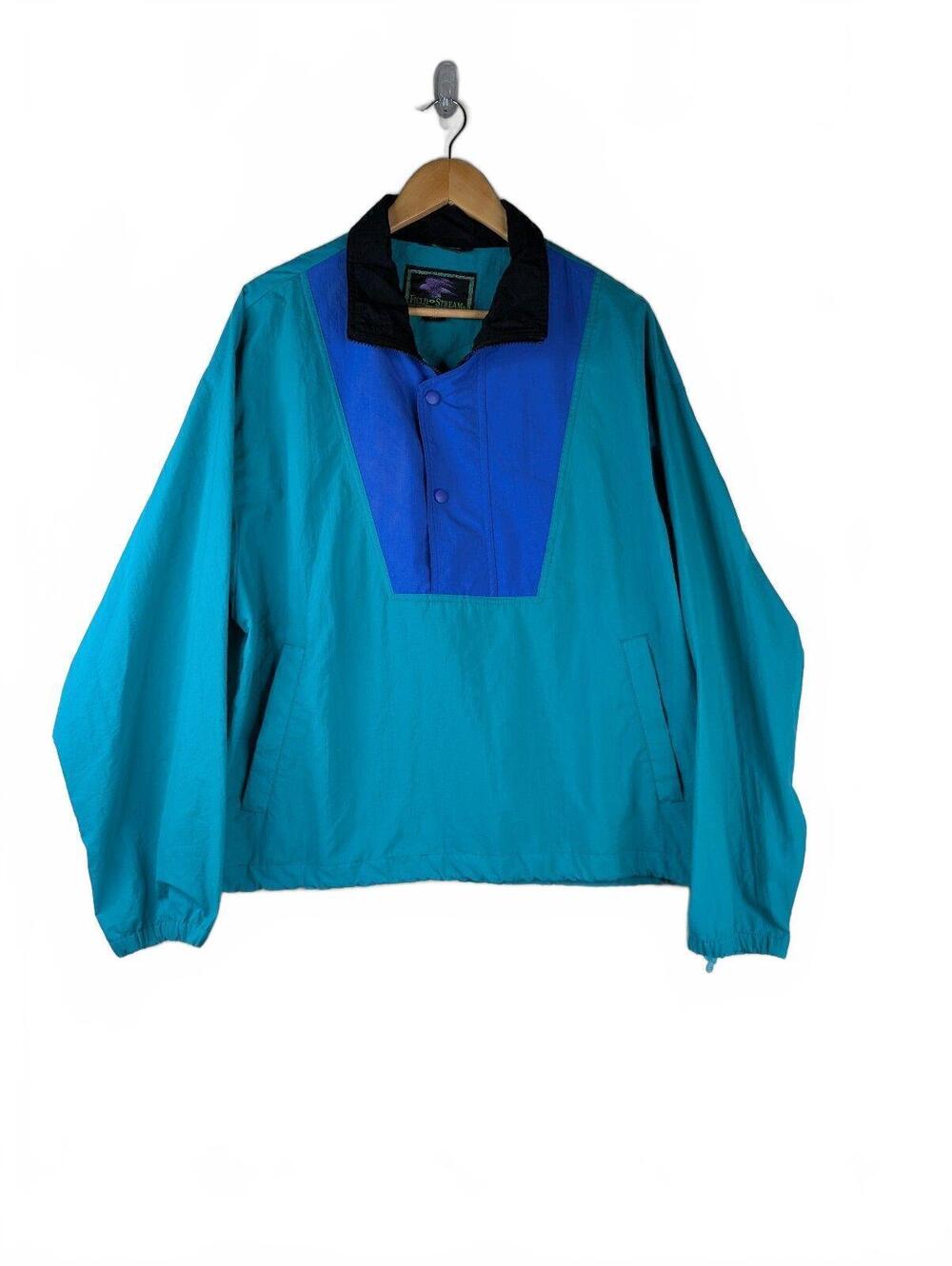 VTG 80's Field & Stream Teal/Blue Colorblock Windbreaker Pullover Size Large